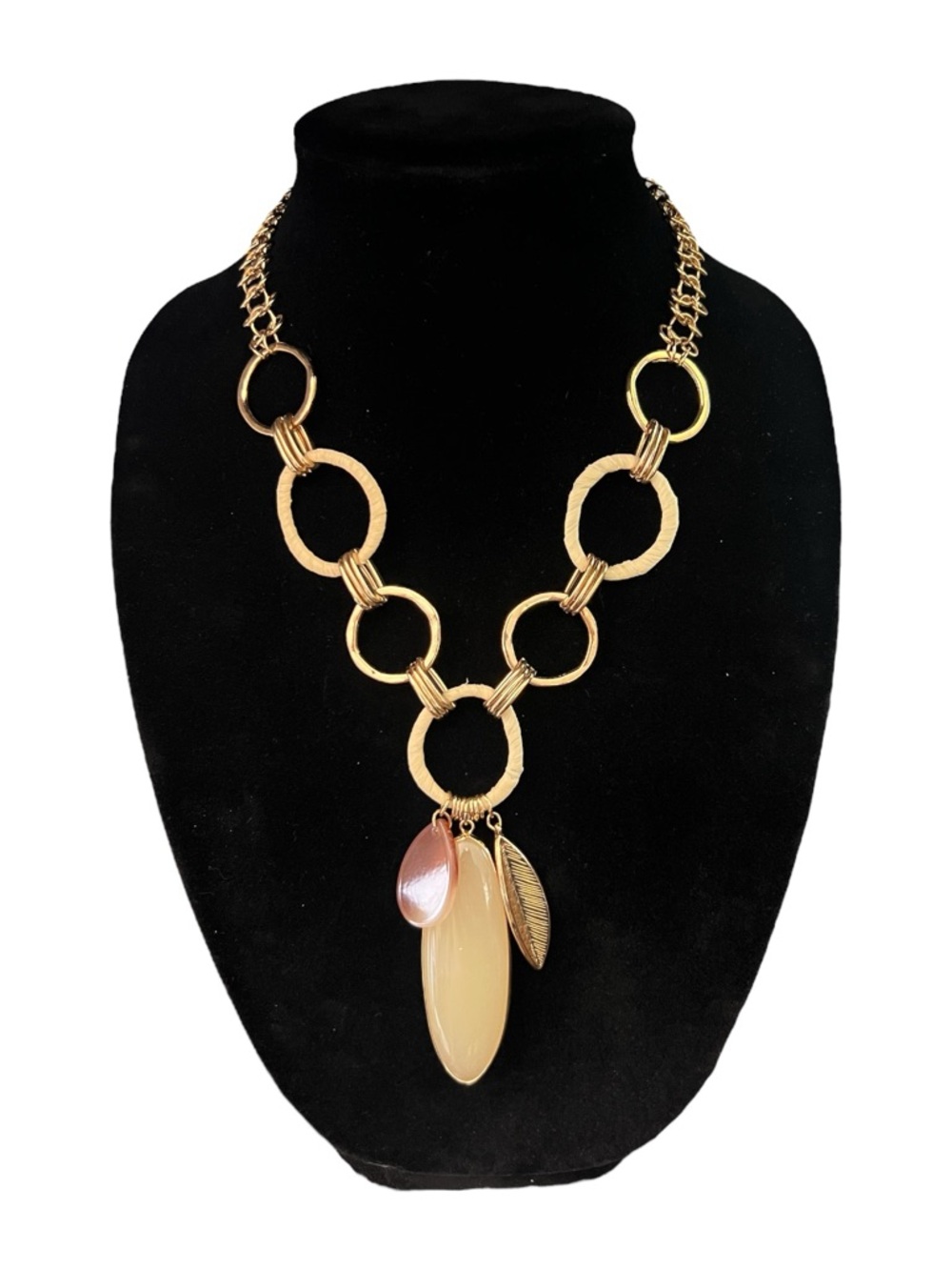 Gold Link Necklace with Beige Pendant- Women Jewelry/Earth Tone & Gold Pendant